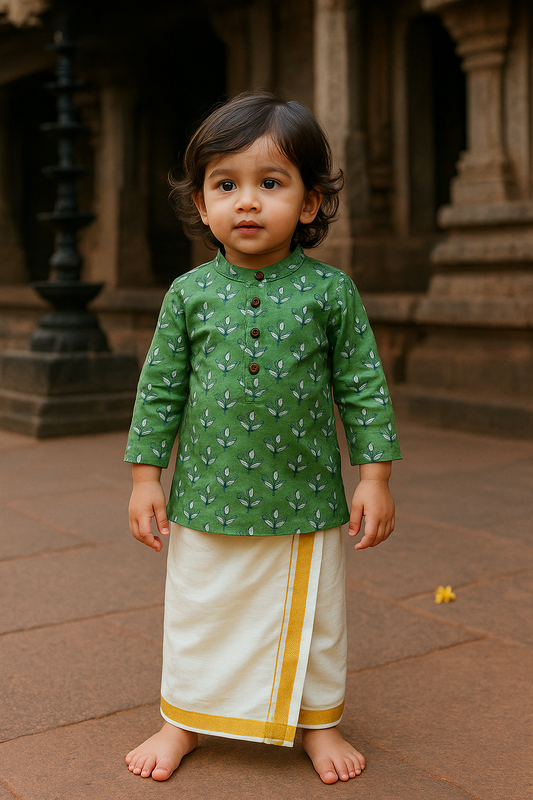 Mint Green floral Kids kurta with veshti (1 to 4years)