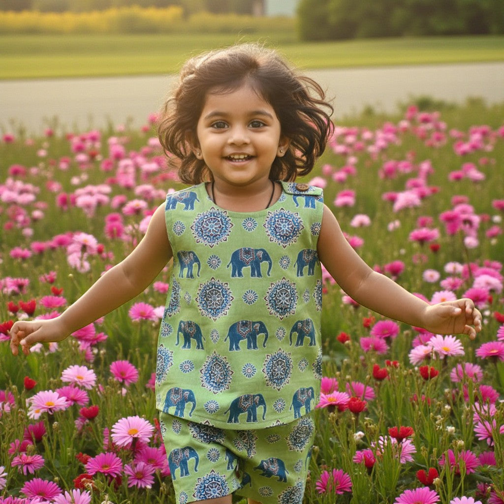 Meadow green elephant printed cotton Coord Set (0-3years) - Unisex - Sokkaai