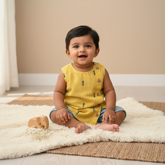 Yellow & Blue Butta side button sleeveless top (0-5years) - Sokkaai