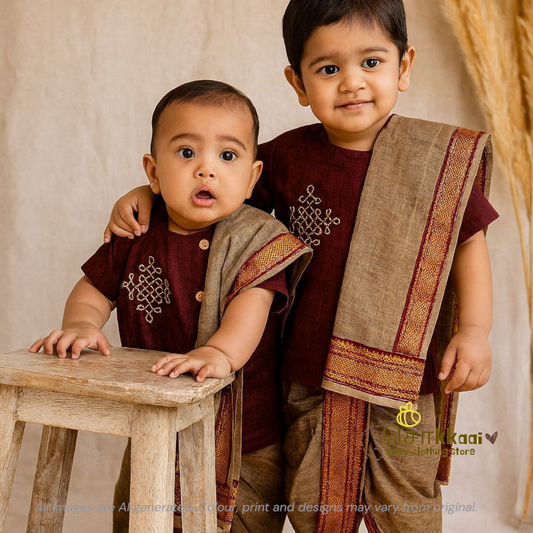 Mangalgiri Cotton Dhoti set - Dusky Maroon and Ash (0-3years)