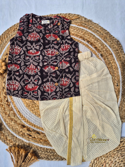 Graphite Bloom Kantha Cotton Kids Dhoti Set (NB-3yrs) - Sokkaai
