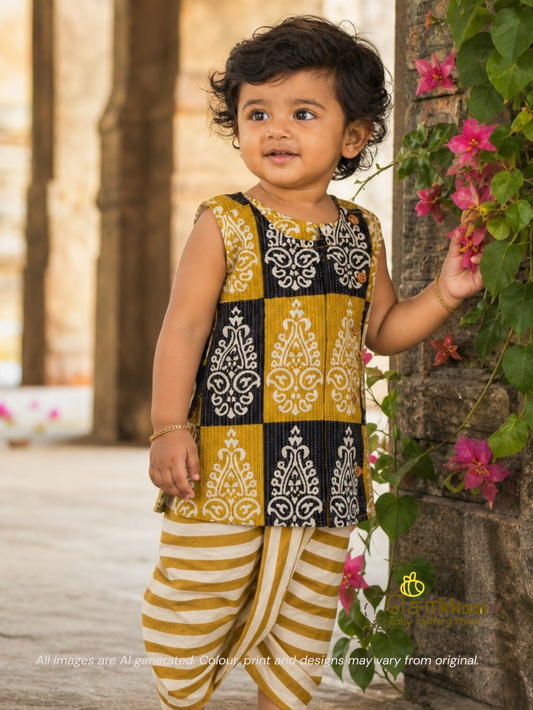 Mustard Paisley Kantha Cotton Kids Dhoti Set (NB-3yrs) - Sokkaai