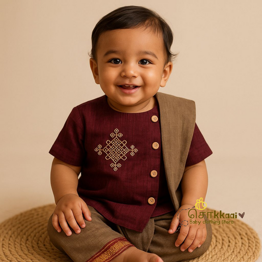 Mangalgiri Cotton Dhoti set - Dusky Maroon and Ash (0-3years)
