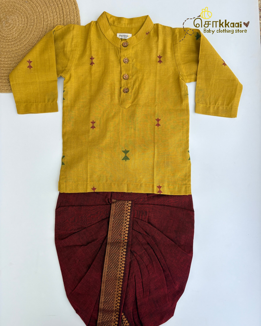 Mustard Maroon Royale Cotton Dhoti Set (0-5yrs) - Sokkaai