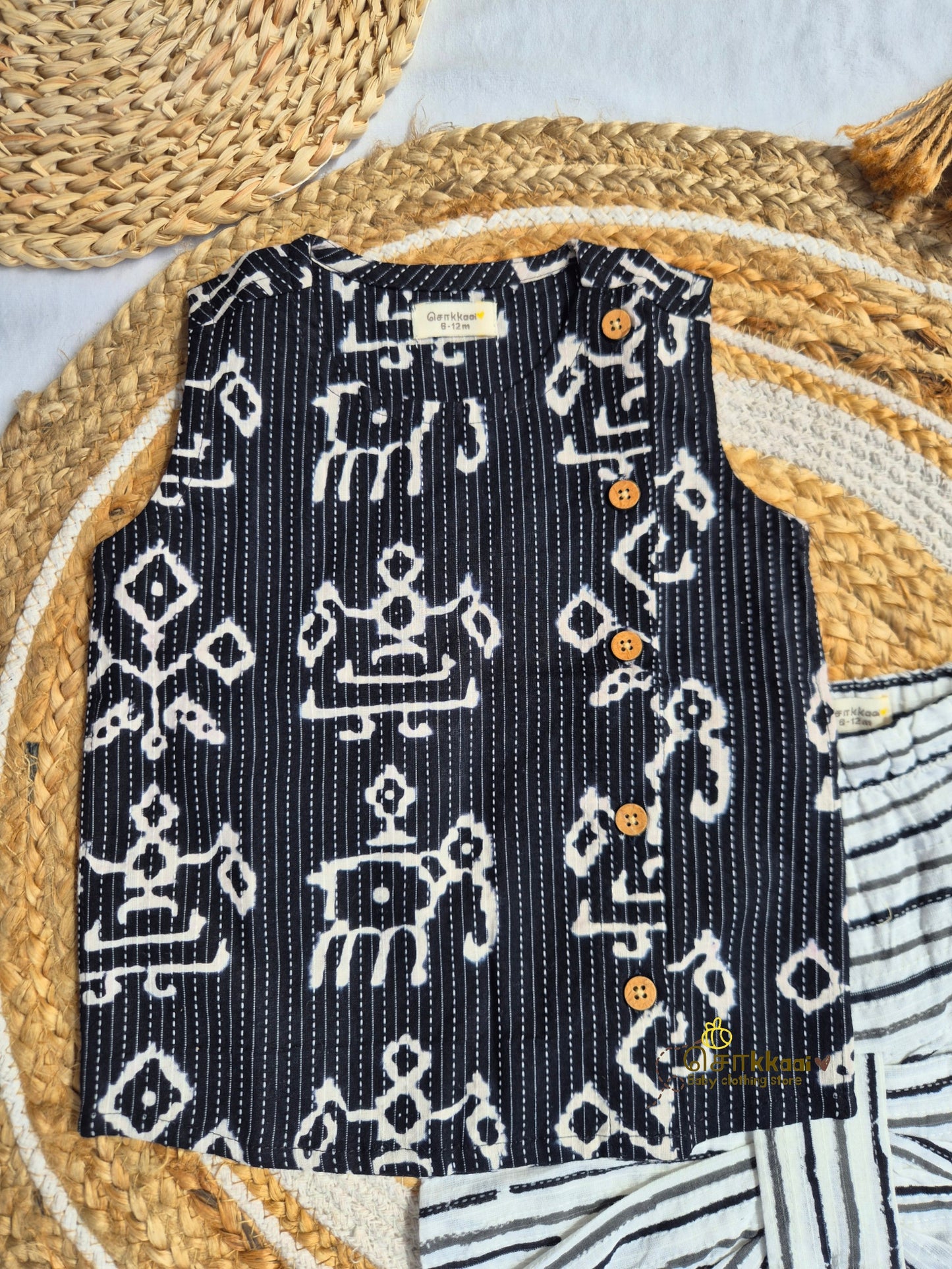 Black Tribal Kantha Cotton Kids Dhoti Set (NB-3yrs) - Sokkaai