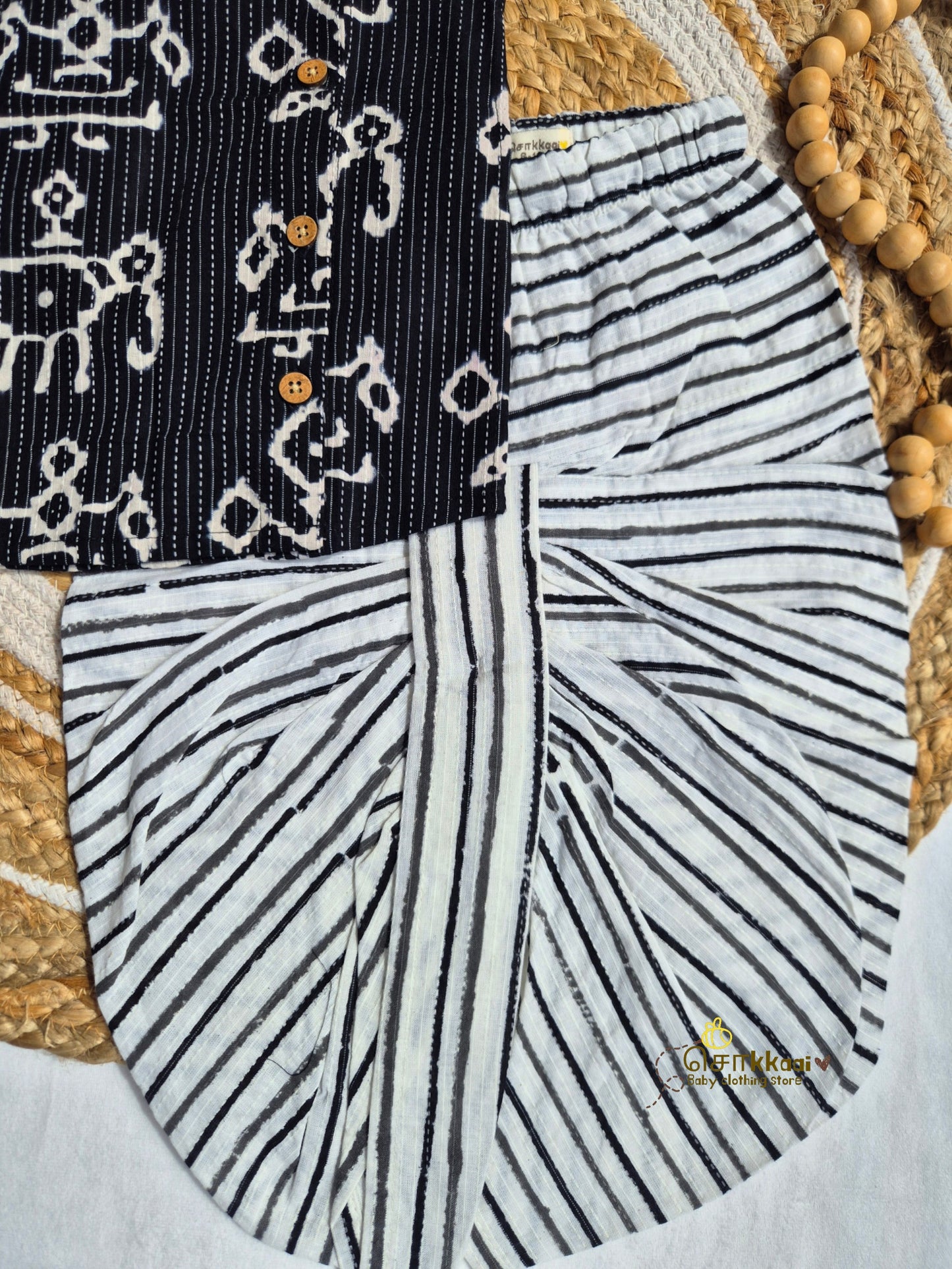 Black Tribal Kantha Cotton Kids Dhoti Set (NB-3yrs) - Sokkaai