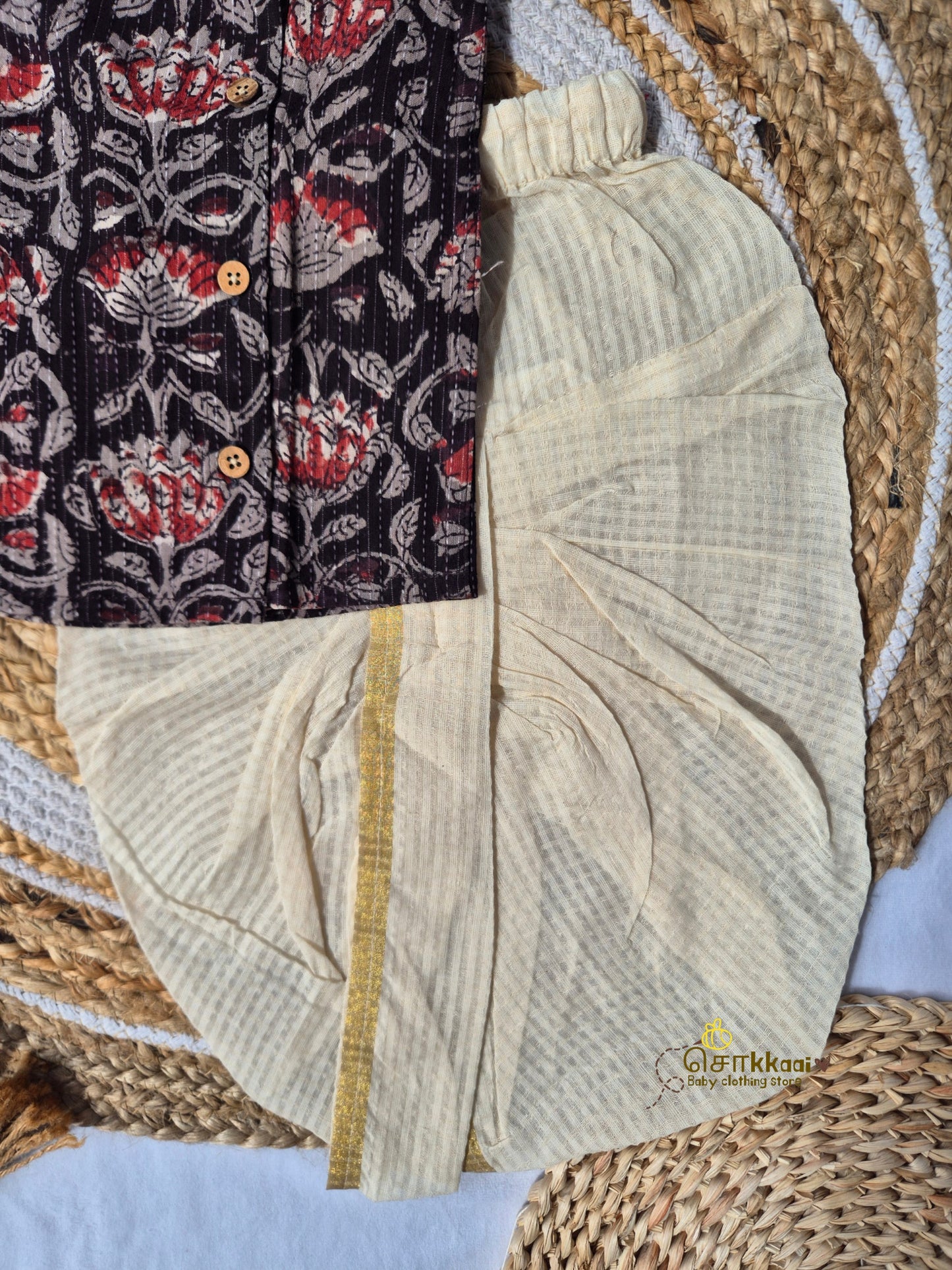 Graphite Bloom Kantha Cotton Kids Dhoti Set (NB-3yrs) - Sokkaai