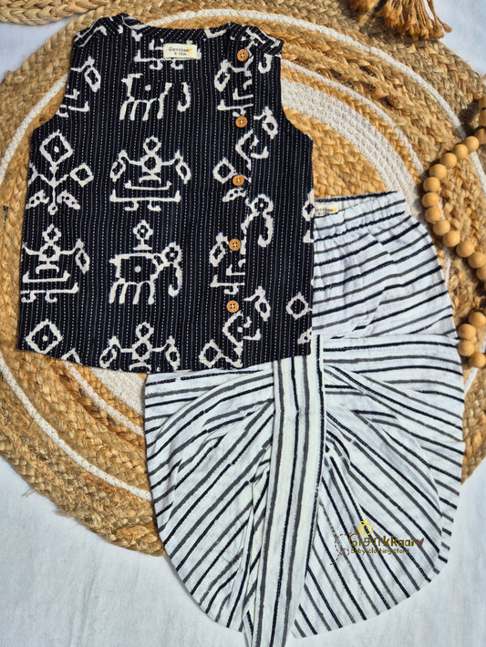 Black Tribal Kantha Cotton Kids Dhoti Set (NB-3yrs) - Sokkaai