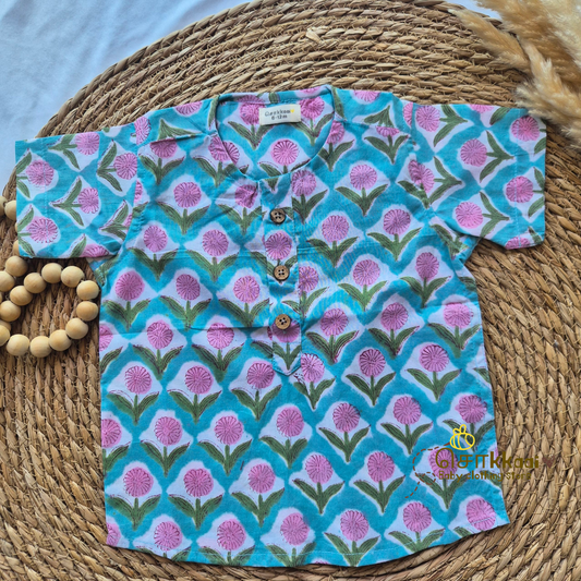 Blue & pink bloom cotton kurta & Dhoti set(0-5yrs) - Sokkaai