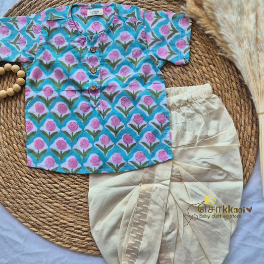 Blue & pink bloom cotton kurta & Dhoti set(0-5yrs) - Sokkaai