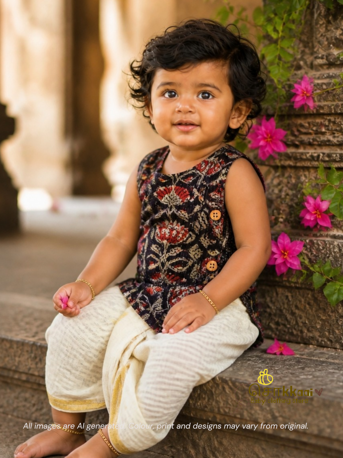Graphite Bloom Kantha Cotton Kids Dhoti Set (NB-3yrs) - Sokkaai