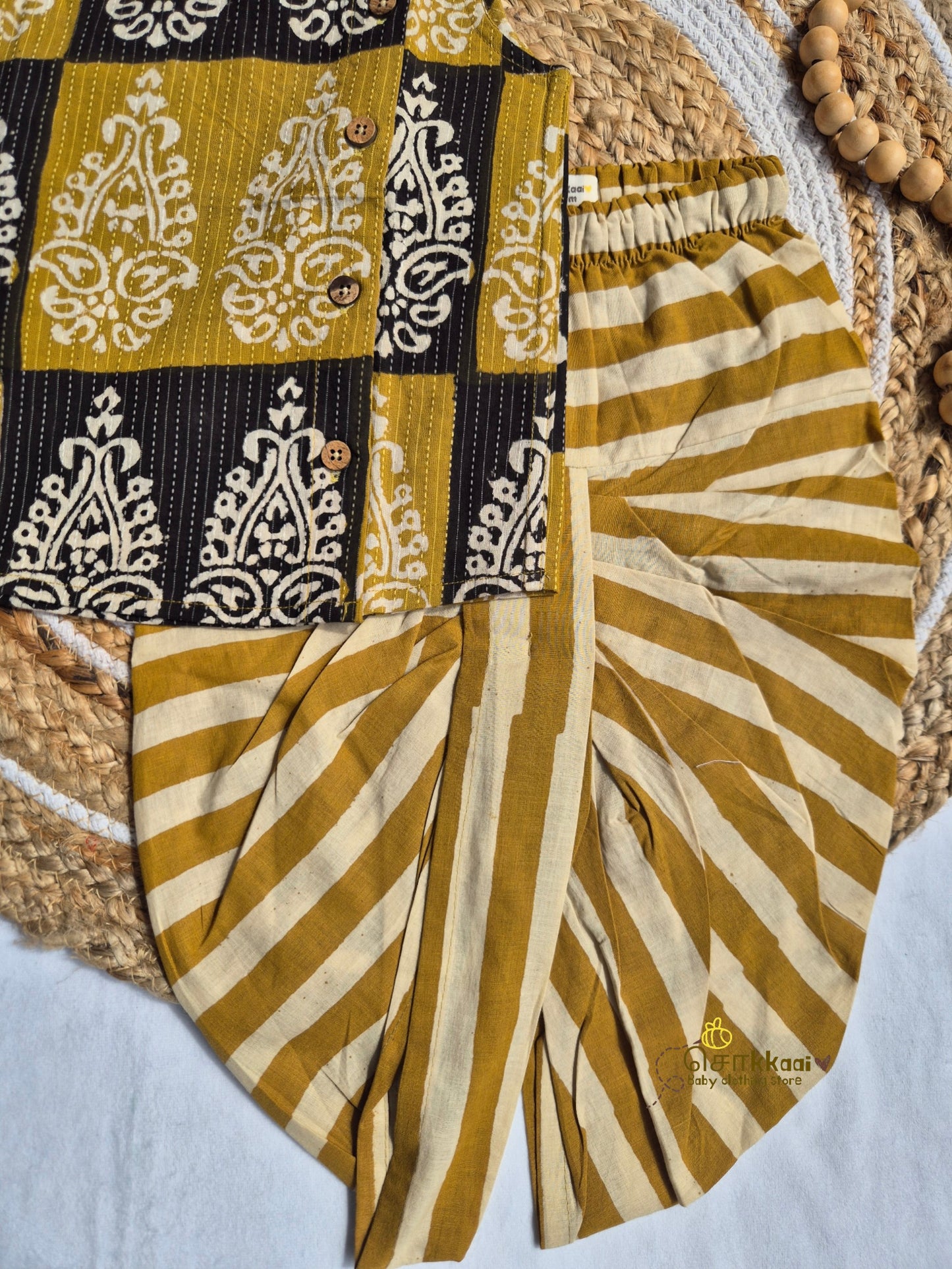 Mustard Paisley Kantha Cotton Kids Dhoti Set (NB-3yrs) - Sokkaai