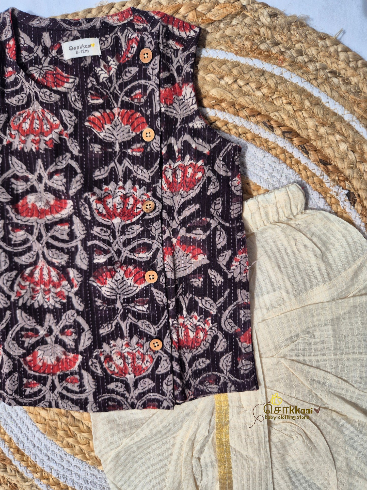 Graphite Bloom Kantha Cotton Kids Dhoti Set (NB-3yrs) - Sokkaai